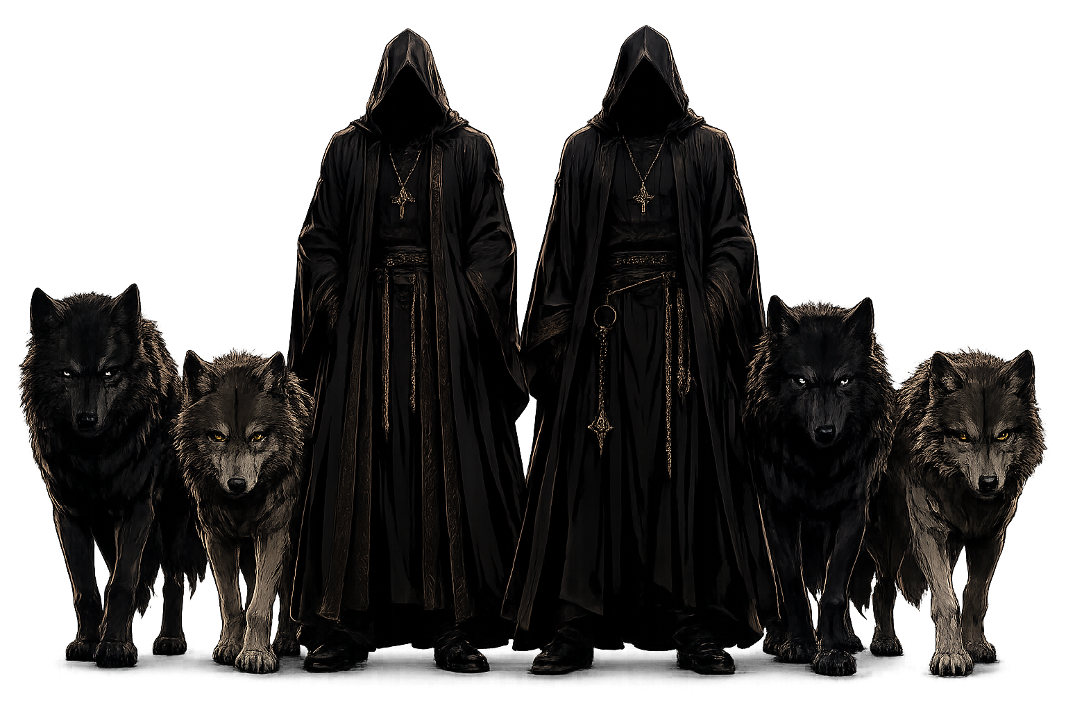 Two robed figures of The Order flanked by wolves